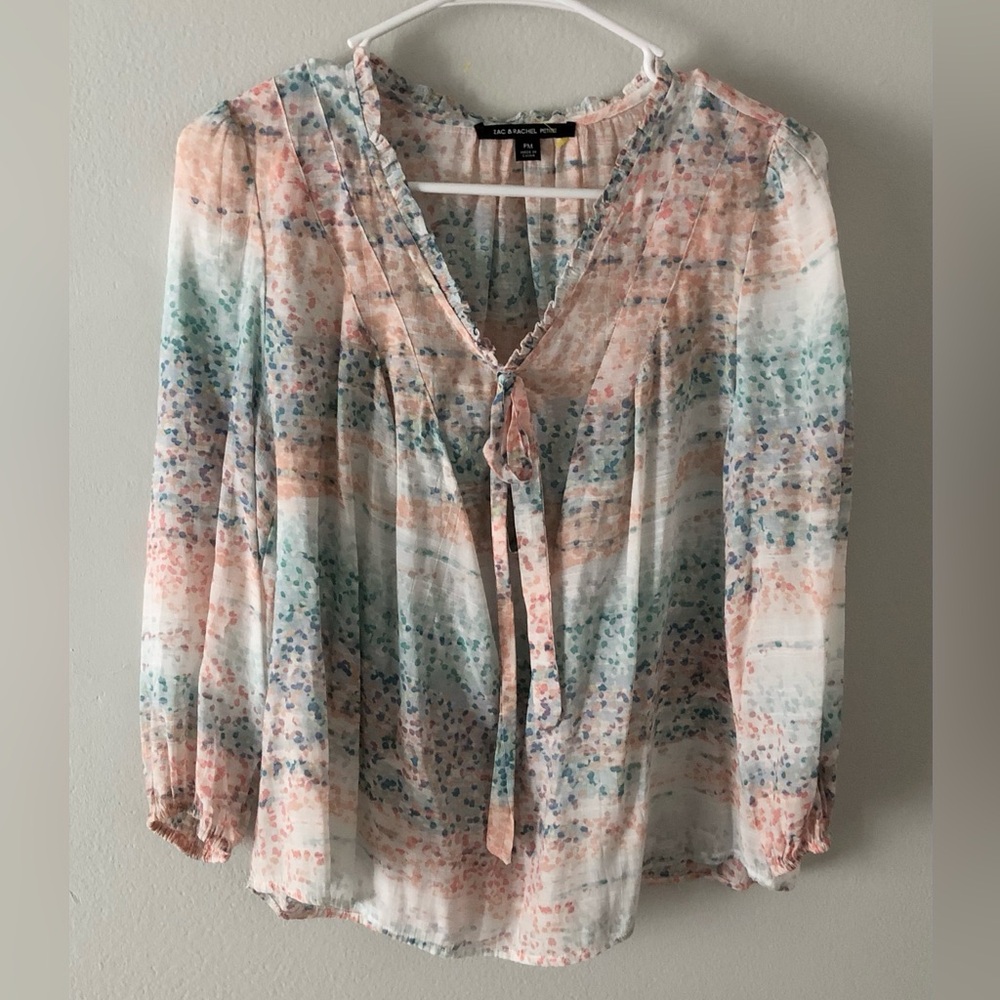 Zac & Rachel Pastel Peach Mint Blue Tie-Neck Blouse